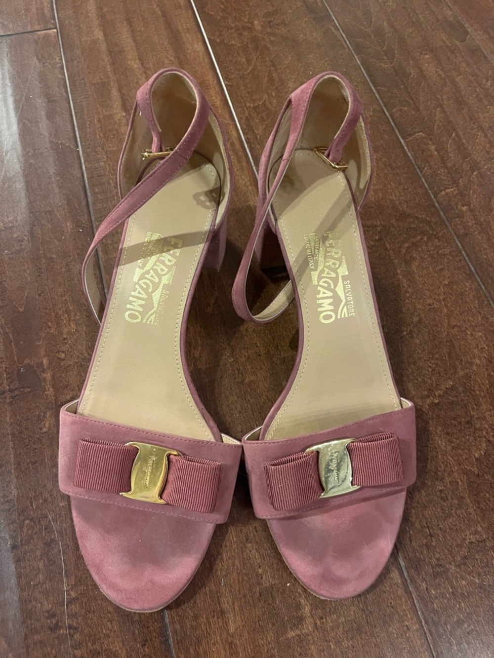 Salvatore Ferragamo Rose Suede Vara Bow Mid-Heel Sandals